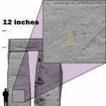 Stonehenge Trilithon Two Stone 53 inside - south-east with 12-inch ruler. See the graffiti and bronze age axes and dagger. And the quartz veins. Speculate over the smooth interior faces of the uprights. Were they painted?