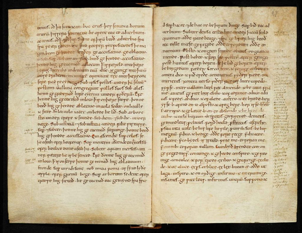 A double page spread from Ælfric 's Grammar and Glossary, produced in Exeter in the late eleventh century