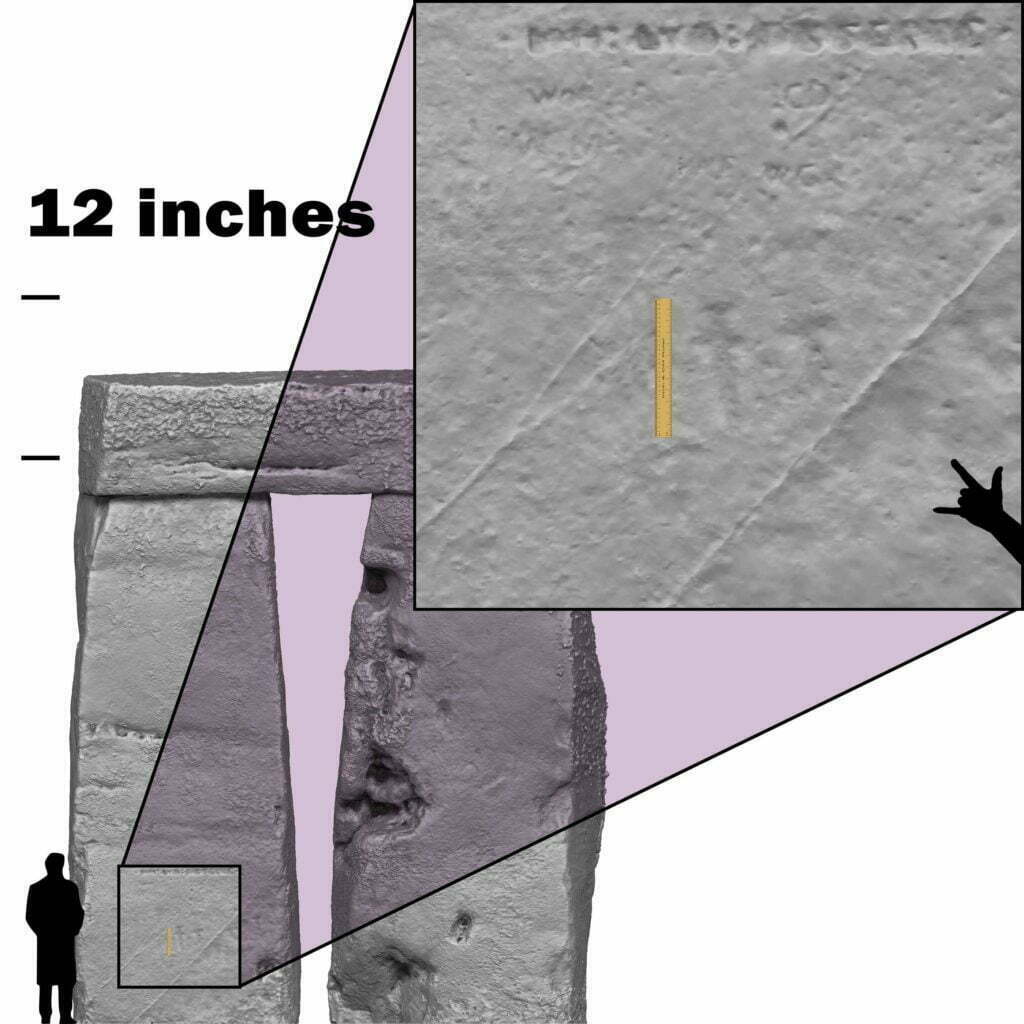 Stonehenge Trilithon Two Stone 53 inside - south-east with 12-inch ruler. See the graffiti and bronze age axes and dagger. And the quartz veins. Speculate over the smooth interior faces of the uprights. Were they painted?