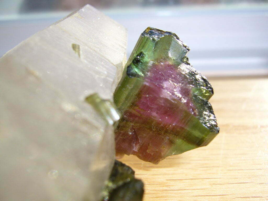 Watermelon Tourmaline mineral on quartz matrix (crystal approximately 2 cm wide at face)