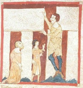 Merlin and a giant. Earliest drawing of Stonehenge