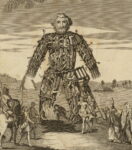 An 18th-century illustration of a wicker man, with caged sacrifices at a pagan ceremony, with a Christian priest