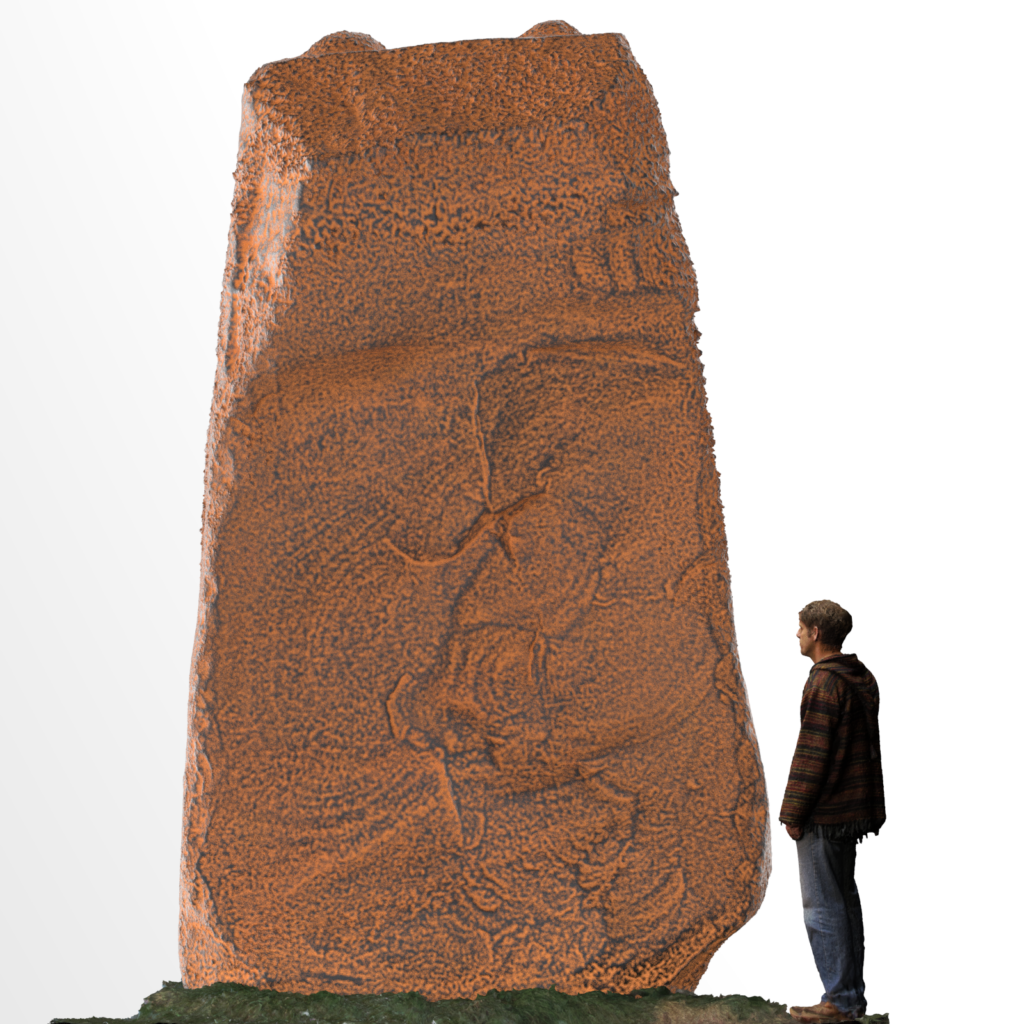 Stonehenge Stone 28 a sarsen on the outer ring showing the carved curves on the outer face of the stone. Rendered in a rust texture to emphasise the swirling patterns.