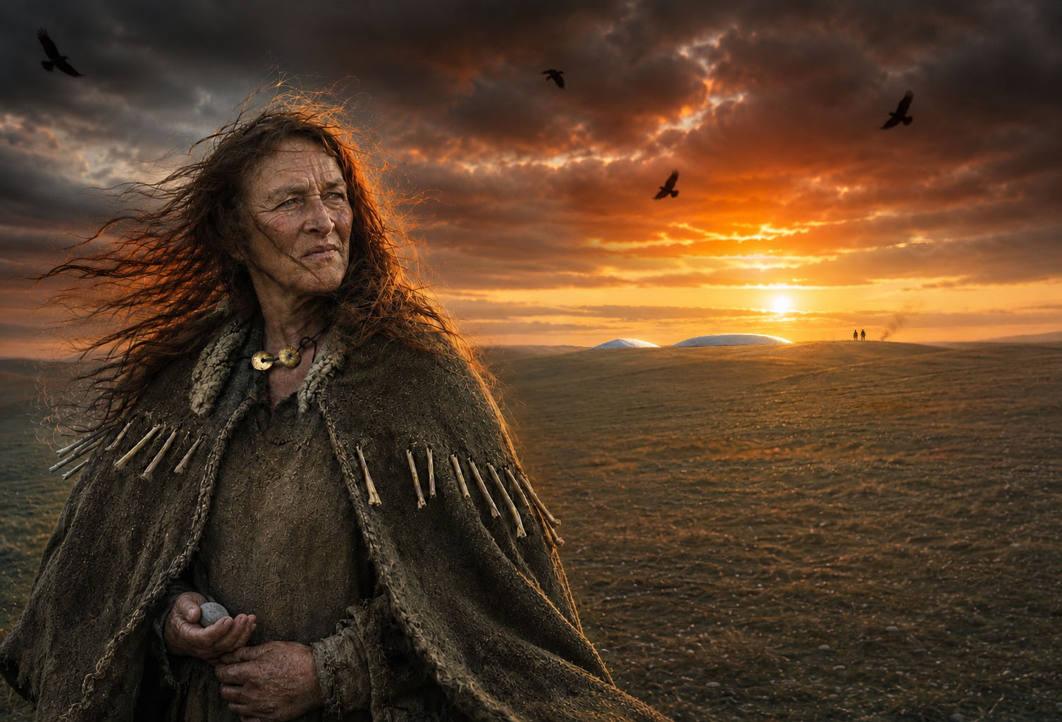 Bronze Age woman in a bone-fringed cloak on chalk downland at sunset, freshly built white chalk barrows on the ridge behind.