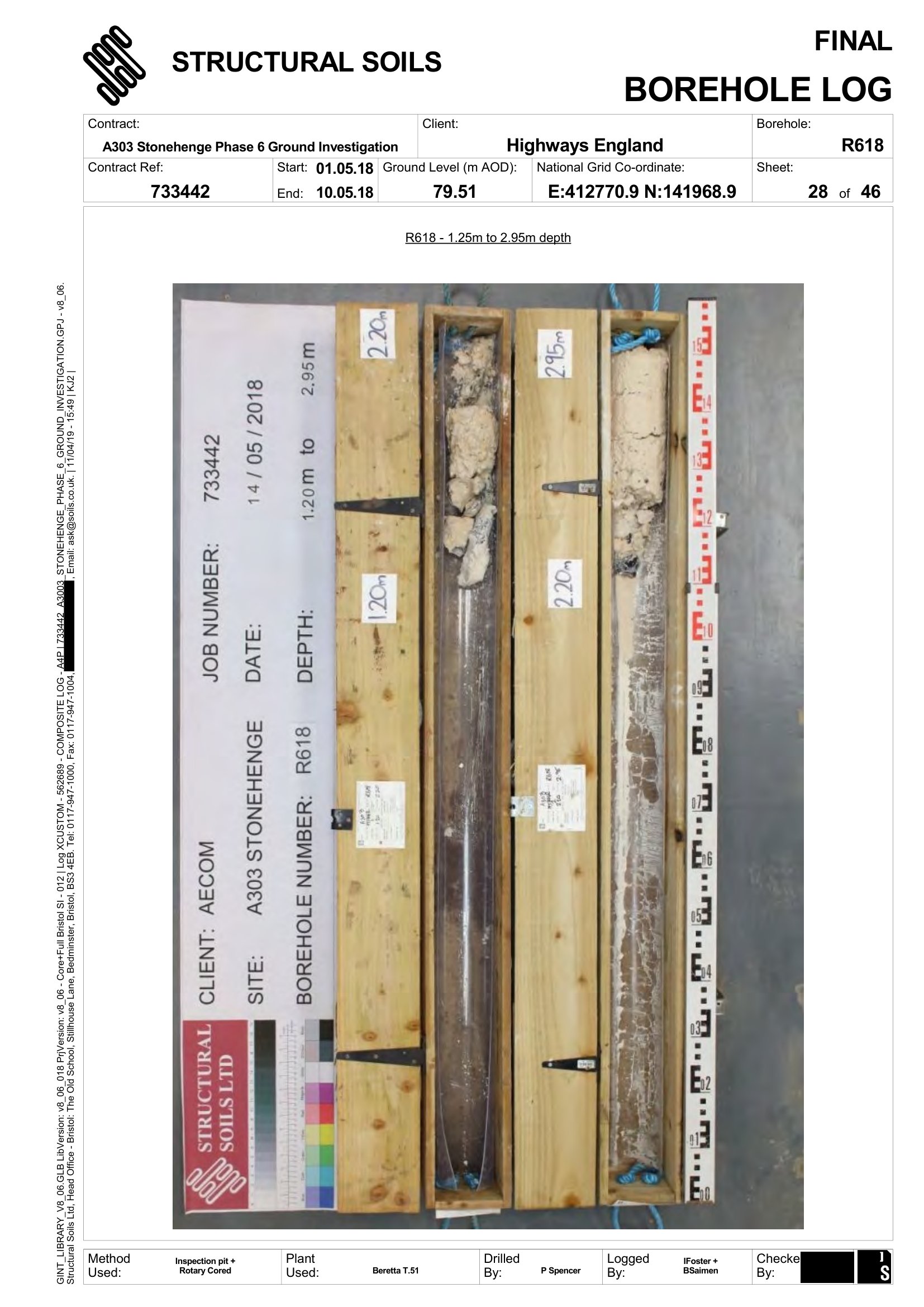 Photograph of chalk drill core in wooden core boxes with depth labels and a ranging pole