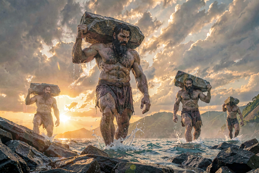 Four bearded giants wade ashore out of a sunlit sea, each with a huge block of stone hoisted on one shoulder and seawater streaming off them