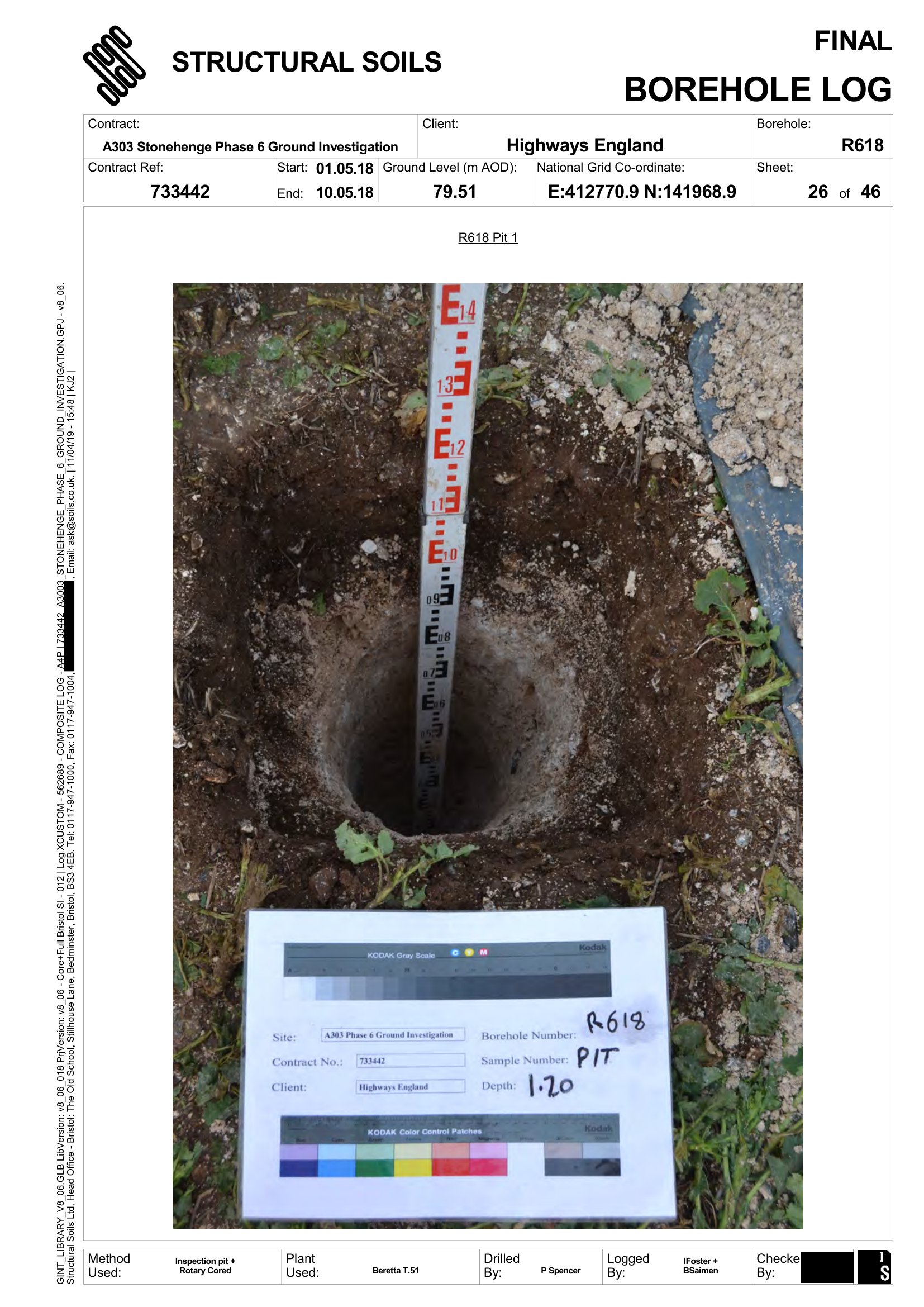 Photograph of a hand-dug inspection pit in chalky soil with a ranging pole and site record board