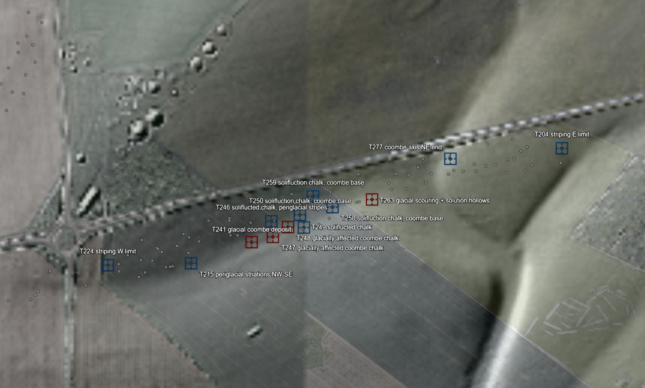 LiDAR relief image of a shallow dry valley with a line of round barrows above it and clustered survey markers along the valley floor