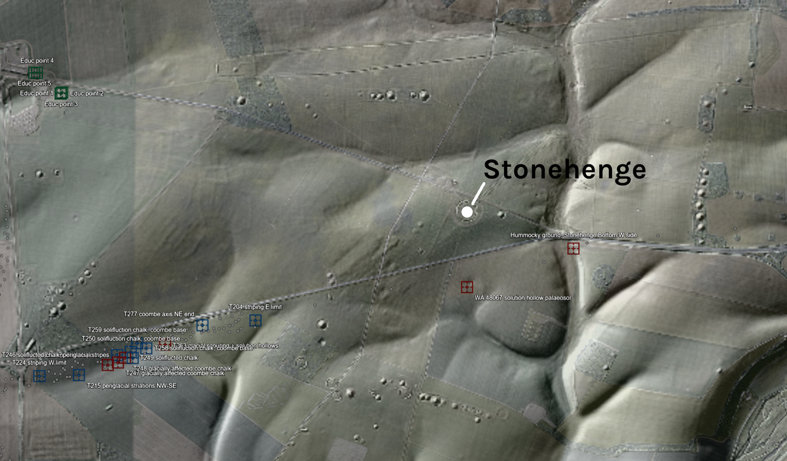 LiDAR relief image of rolling chalk downland with Stonehenge labelled and small coloured survey markers scattered across it