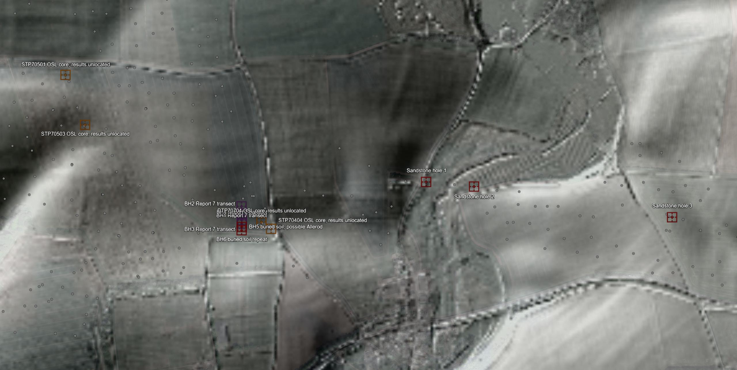 LiDAR relief image of the River Till valley with coloured survey markers on the valley floor and flanks