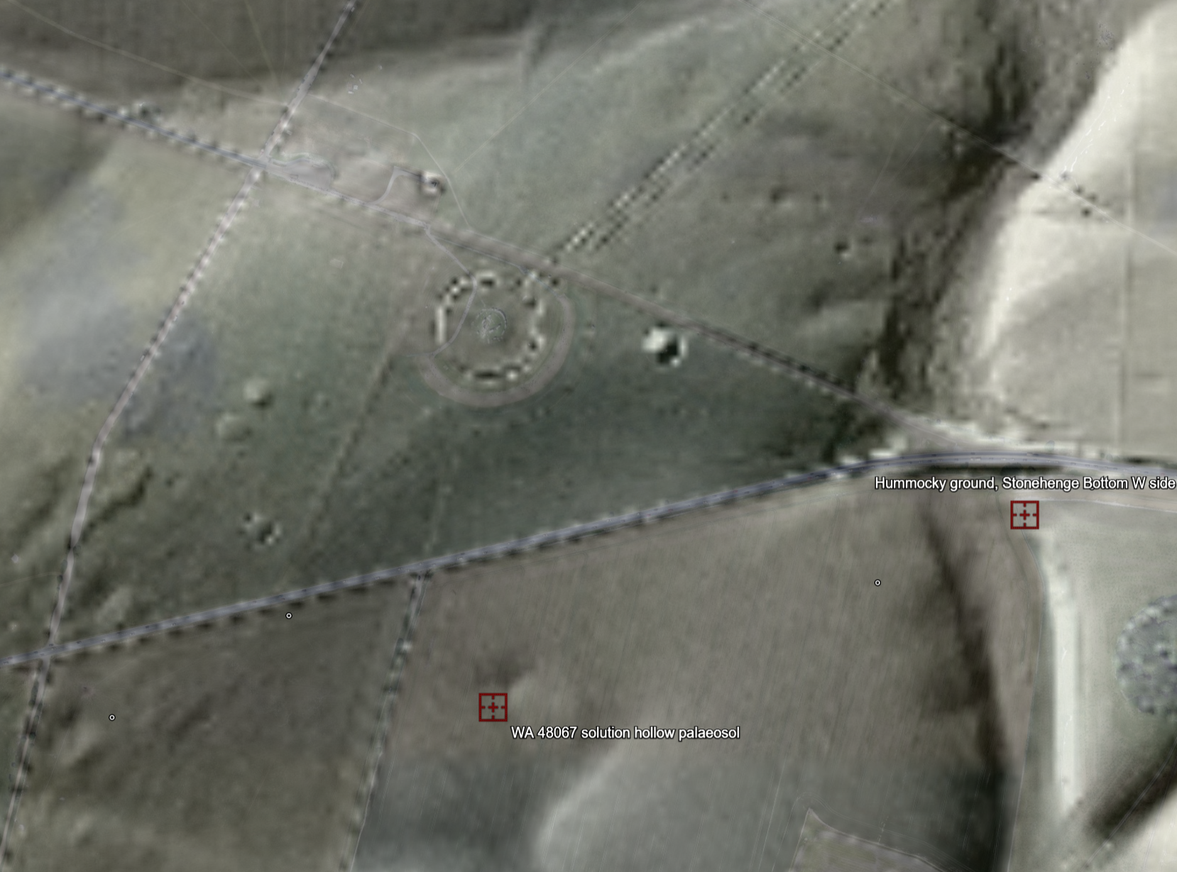 LiDAR relief image of Stonehenge and the dry valley of Stonehenge Bottom with two red survey markers