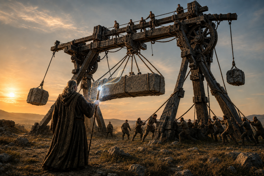 A robed, long-haired Merlin raises a glowing staff towards a stone lintel slung beneath an enormous timber gantry crane, while dozens of workmen haul on ropes below and sit astride the top beam at sunset