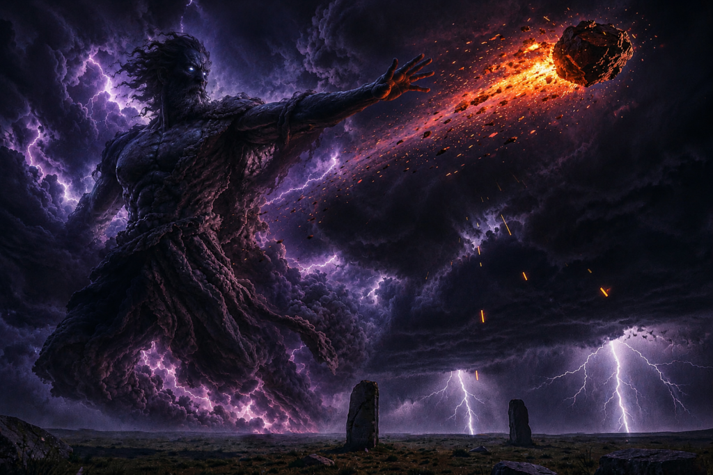 A colossal god formed out of thundercloud and lightning hurls a burning boulder across a violet night sky, above two standing stones on a dark plain