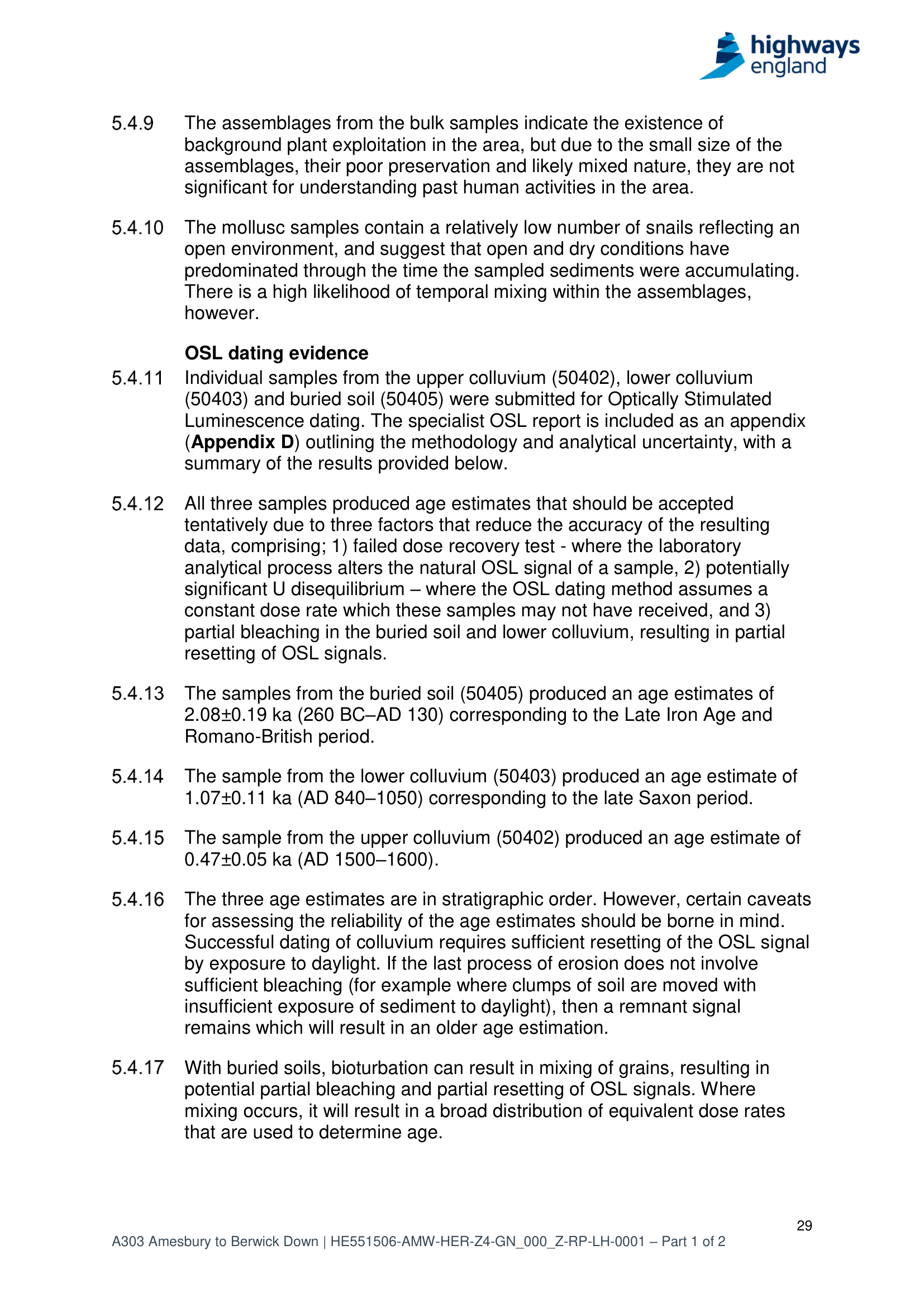Report page listing caveats on the luminescence dating