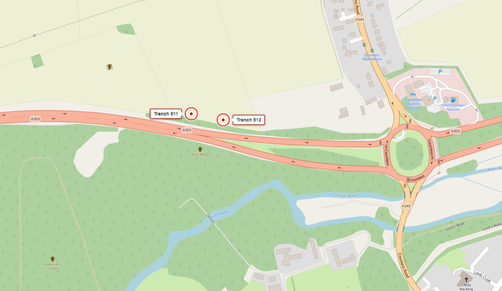 Map showing Trenches 511 and 512 north of the A303, west of Countess Roundabout, with Blick Mead and the River Avon to the south.