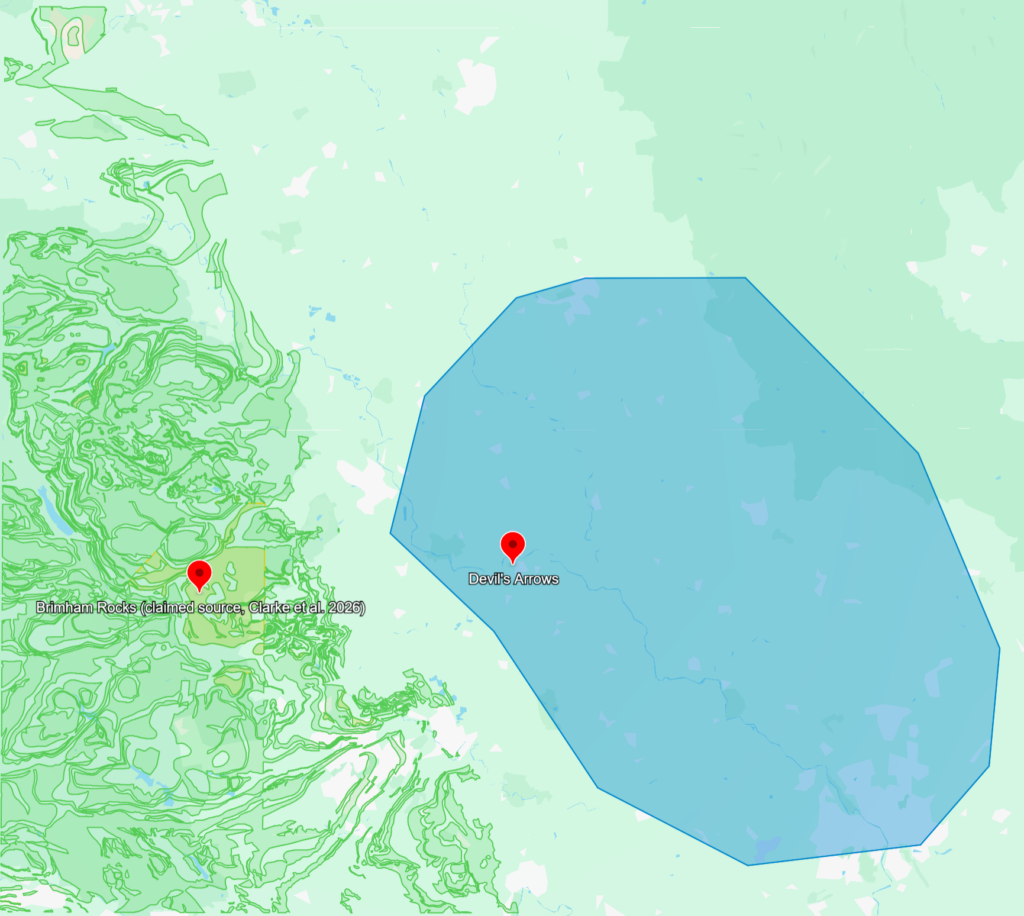Google Earth map of North Yorkshire with a yellow traced outline of the Millstone Grit Group covering the Dales edge west and north-west of Boroughbridge, red markers for the Devil's Arrows, Brimham Rocks and Plumpton Rocks, orange henge markers, and a blue polygon for the glacial lake reaching the Devil's Arrows.