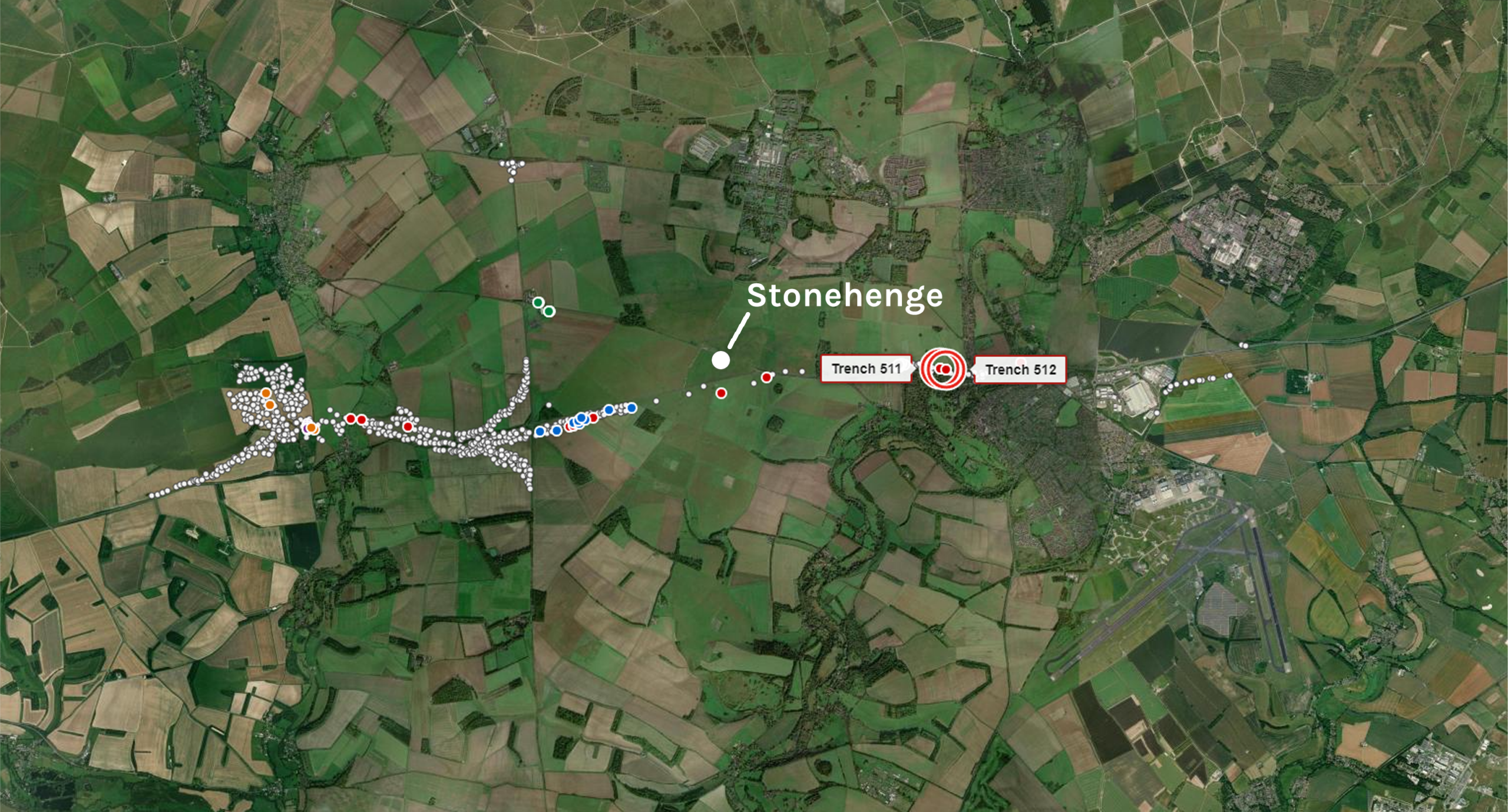 Satellite map of the Stonehenge landscape showing investigation points along the A303 corridor, with Trenches 511 and 512 circled and labelled to the east.